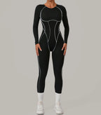 Long Sleeve Backless Jumpsuit Women Hollow Out Contrast Trim Sculpting Catsuit