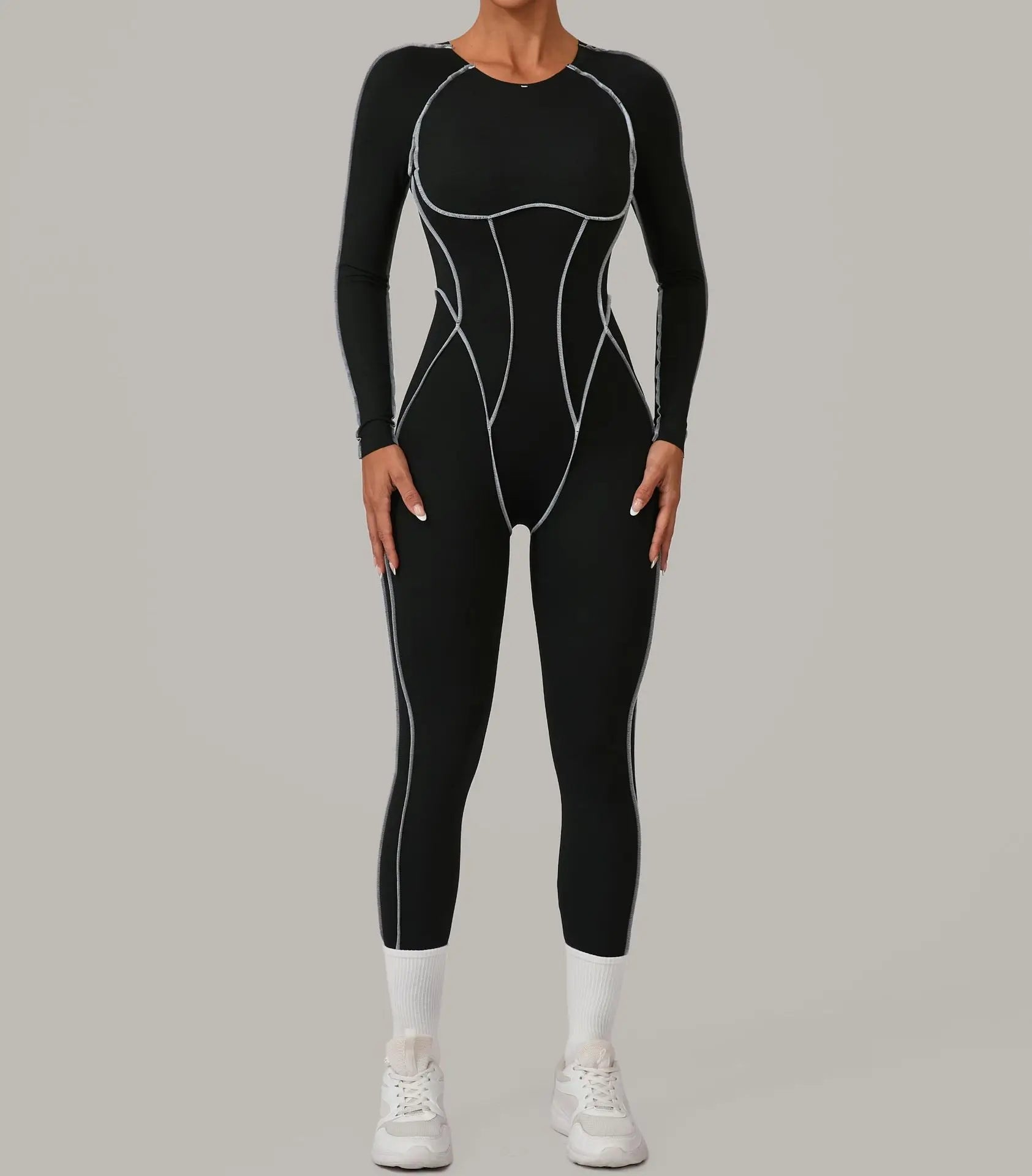 Long Sleeve Backless Jumpsuit Women Hollow Out Contrast Trim Sculpting Catsuit