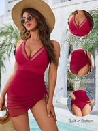 Mesh Ruched One Piece Swimsuit Adjustable Strap Monokini