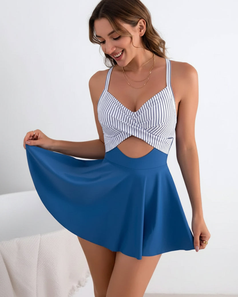 Women's V-Neck Cutout Swim Dress Monokini with Cross Back Straps