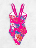 Floral Print Ruched One Piece Swimsuit Cross Back Monokini