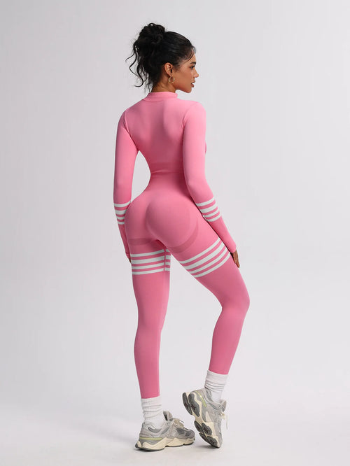 Long Sleeve Jumpsuit Zip Front Stripe Catsuit