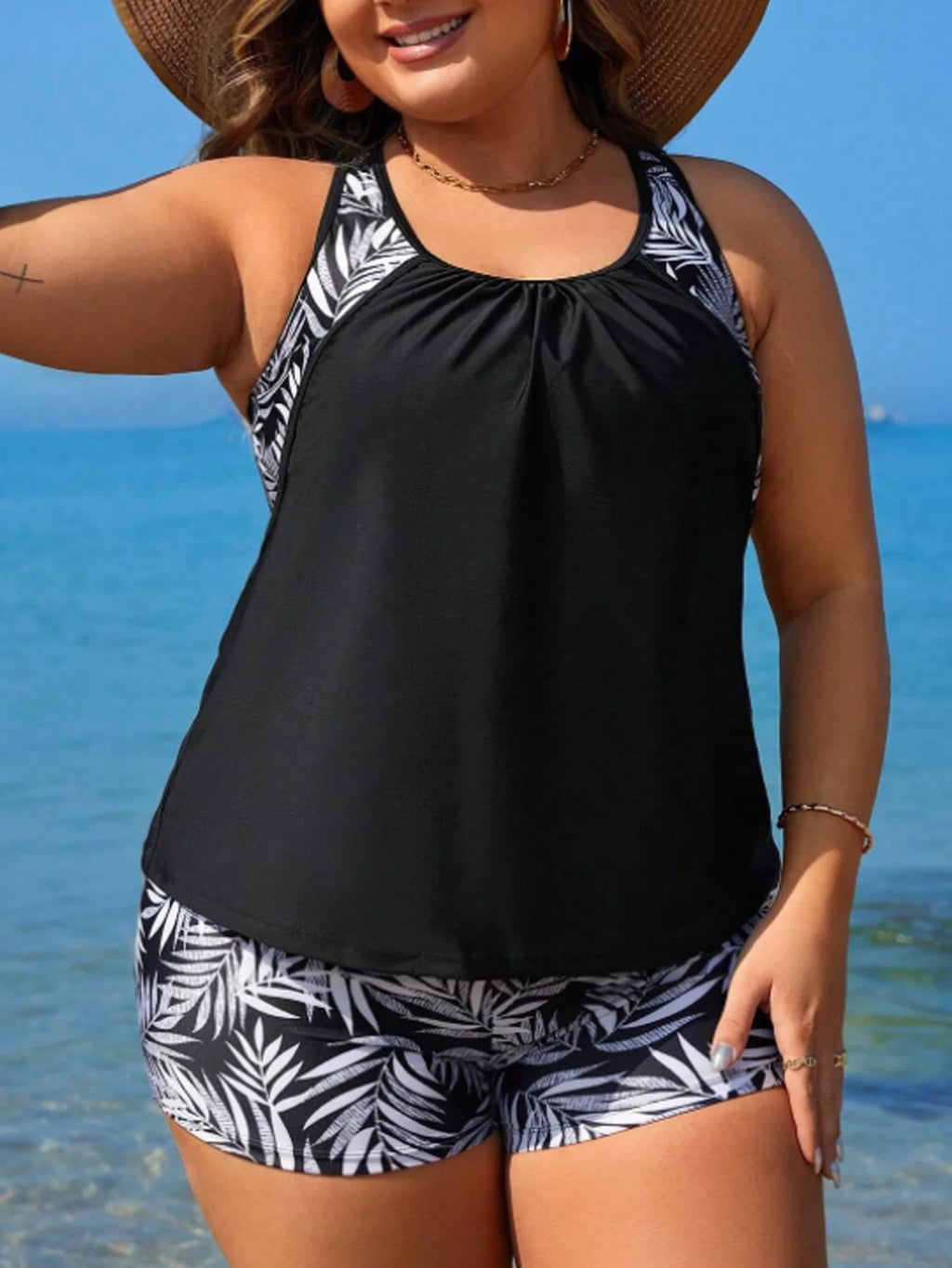 Plus Size Leaf Print Tankini Set High Waist Swimwear