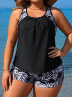 Plus Size Leaf Print Tankini Set High Waist Swimwear