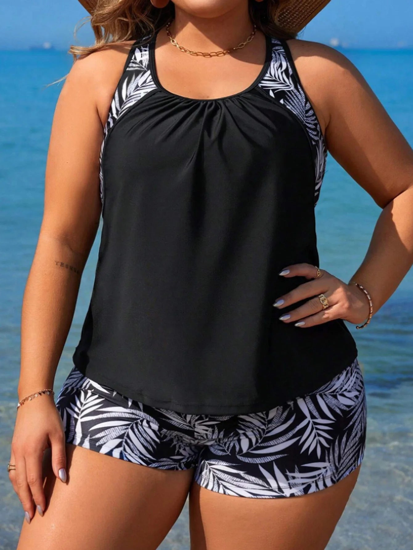 Plus Size Leaf Print Tankini Set High Waist Swimwear