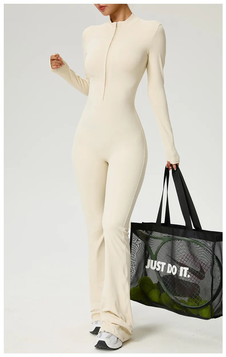 Long Sleeve Zip Front Jumpsuit Women High Neck Flare Leg Stretch Catsuit