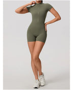 Short Sleeve Backless Yoga Jumpsuit Women Zip Front Fitness Romper