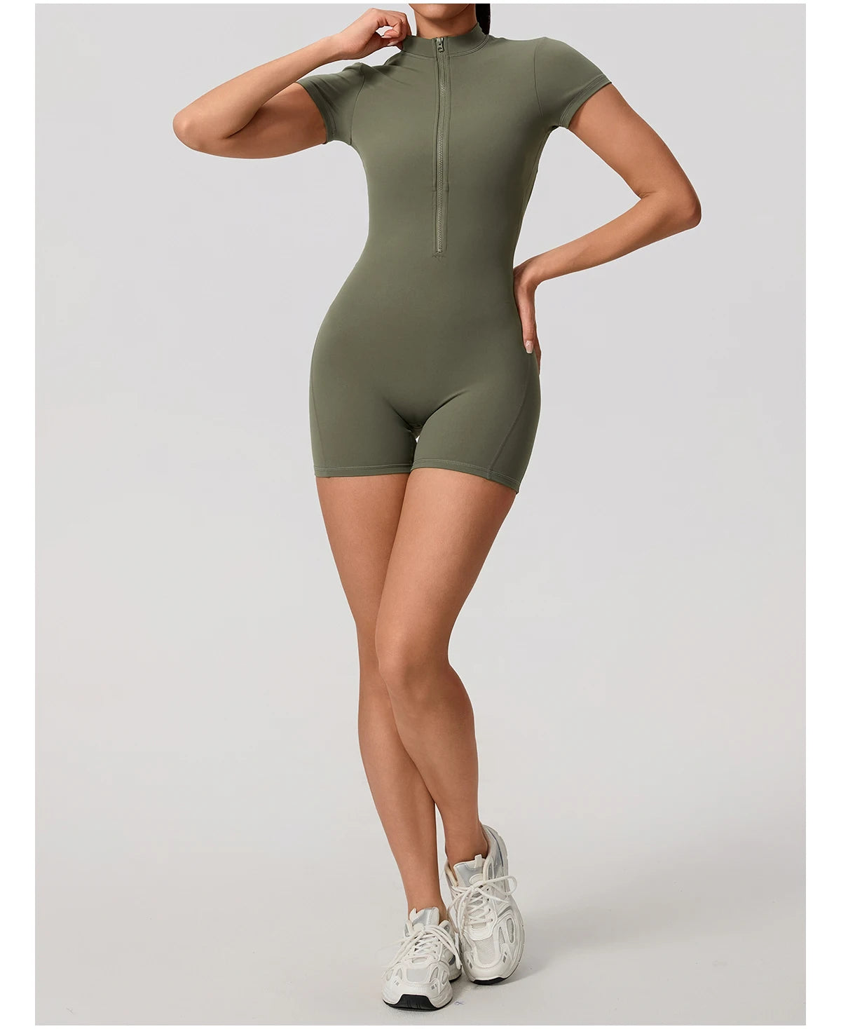 Short Sleeve Backless Yoga Jumpsuit Women Zip Front Fitness Romper
