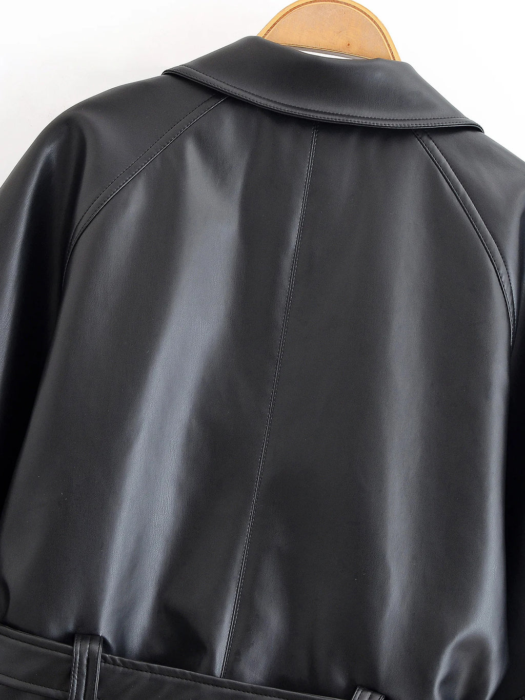 Jaqueta Trench Coat Casual em Couro PU com Cinto