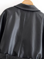 Jaqueta Trench Coat Casual em Couro PU com Cinto