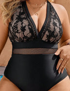 Plus Size Lace Halter One Piece Swimsuit High Cut Monokini
