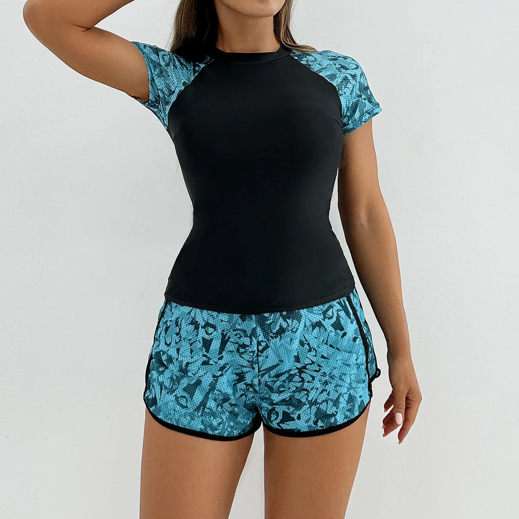 Short Sleeve Raglan Tankini Set Boyshorts Swimwear