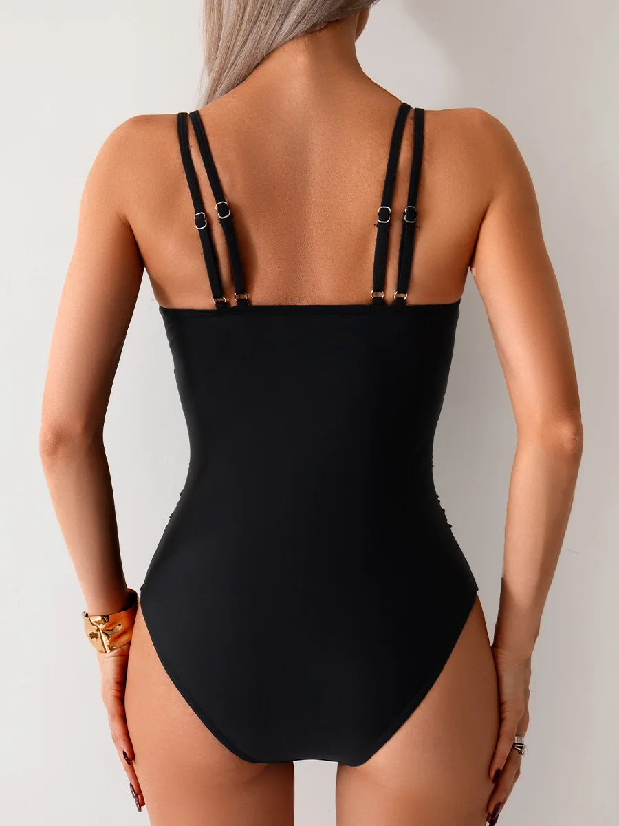 Mesh Insert One Piece Swimsuit Adjustable Strap Monokini