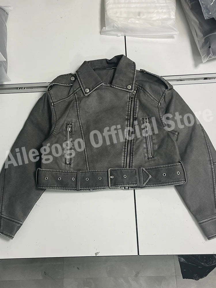 Jaqueta Biker Cropped Vintage Estonado Ailegogo
