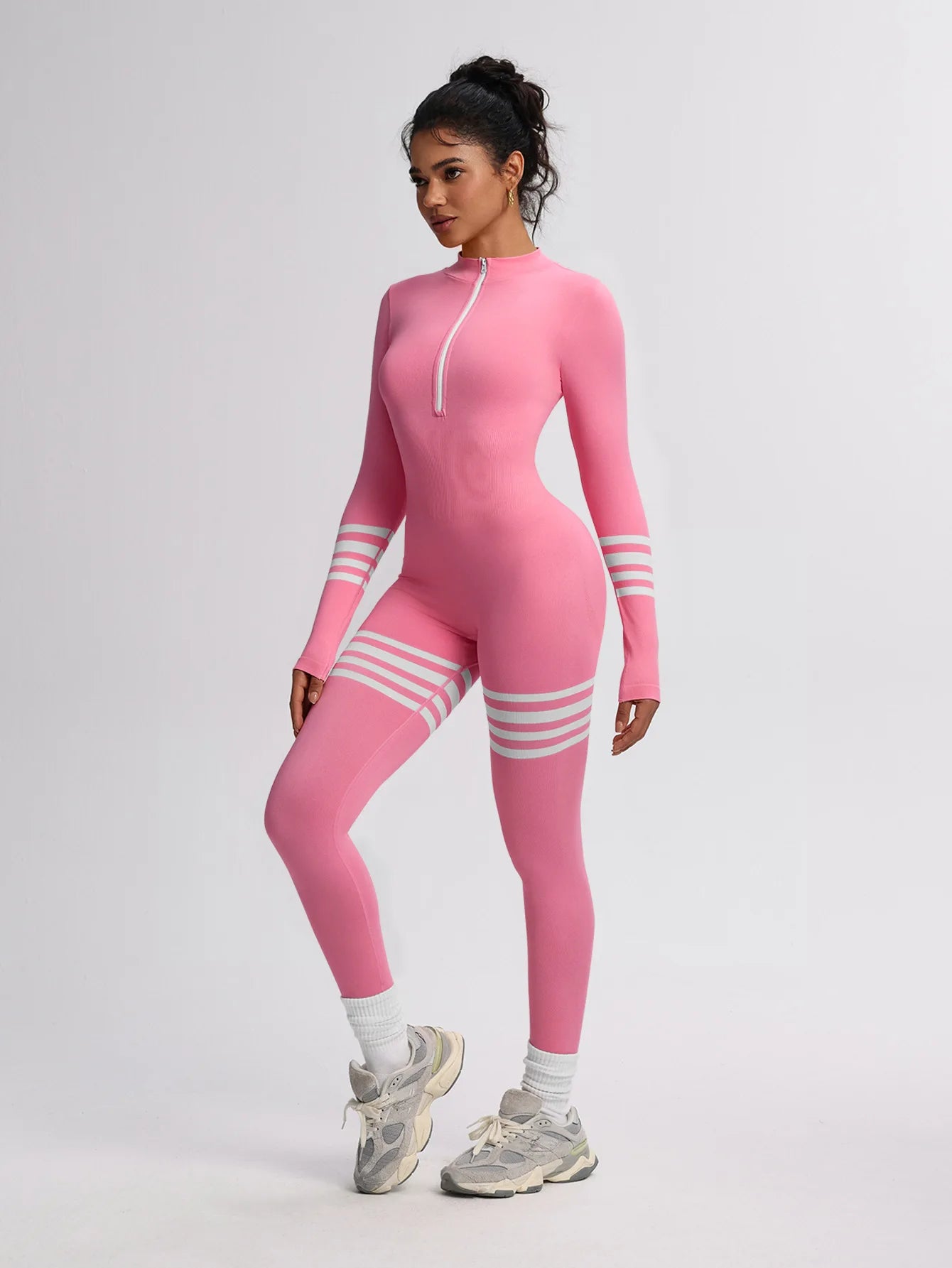 Long Sleeve Jumpsuit Zip Front Stripe Catsuit