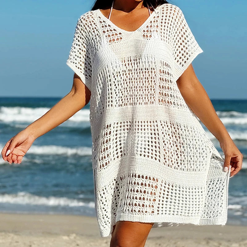 Hollow Out V Neck Knitted Beach Cover Up