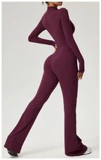 Long Sleeve Zip Front Jumpsuit Women High Neck Flare Leg Stretch Catsuit