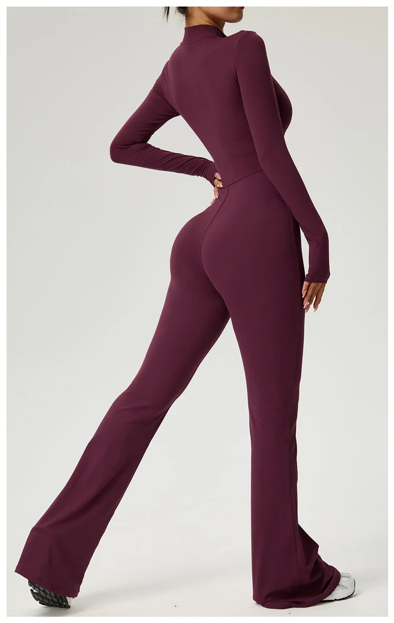 Long Sleeve Zip Front Jumpsuit Women High Neck Flare Leg Stretch Catsuit