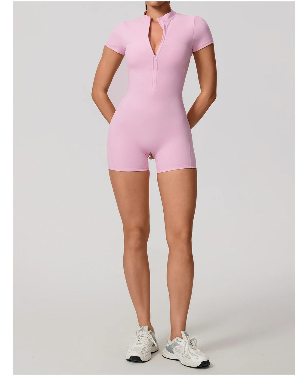 Short Sleeve Backless Yoga Jumpsuit Women Zip Front Fitness Romper