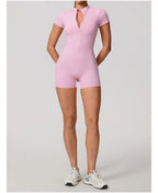 Short Sleeve Backless Yoga Jumpsuit Women Zip Front Fitness Romper