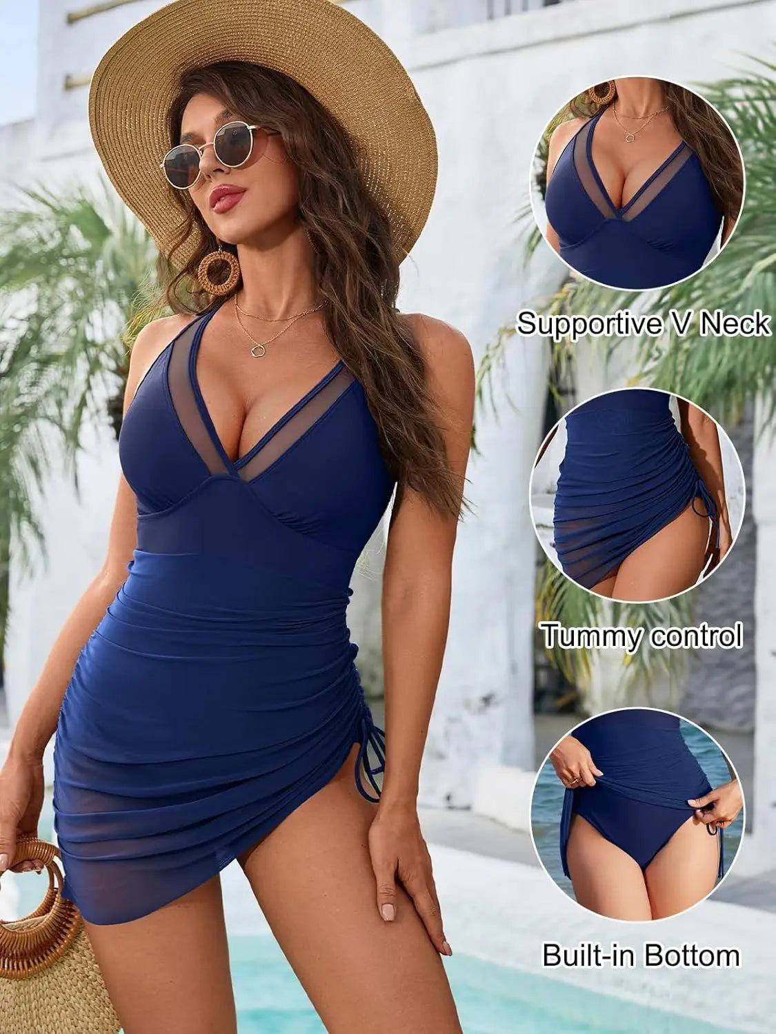 Mesh Ruched One Piece Swimsuit Adjustable Strap Monokini