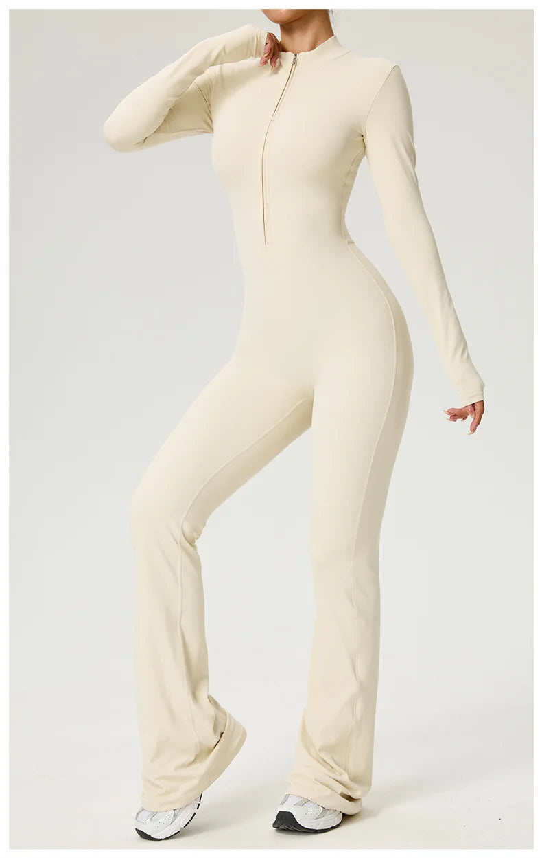 Long Sleeve Zip Front Jumpsuit Women High Neck Flare Leg Stretch Catsuit