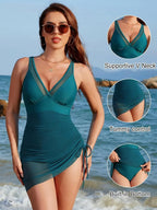 Mesh Ruched One Piece Swimsuit Adjustable Strap Monokini