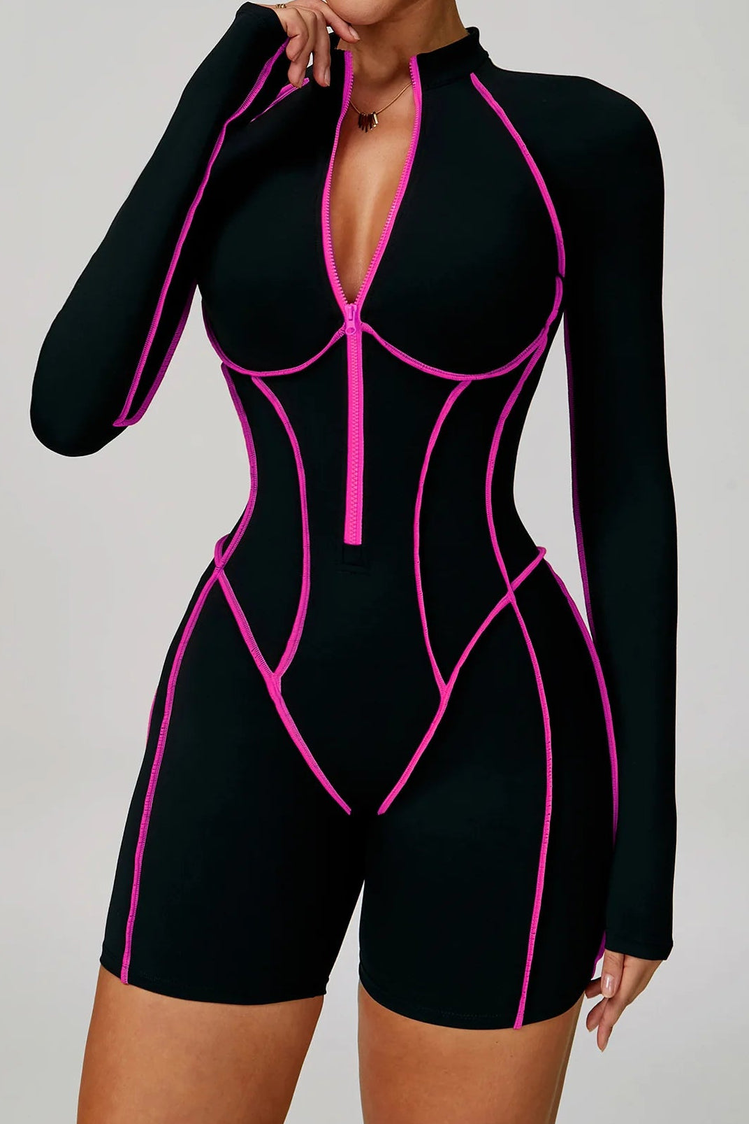 Long Sleeve Backless Shorts Jumpsuit Black Women Zip Front Contrast Trim Workout Catsuit