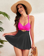 Women's V-Neck Cutout Swim Dress Monokini with Cross Back Straps