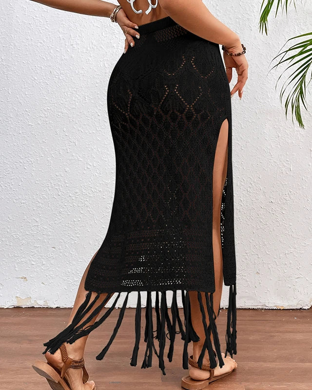 Knitted Tassel Sarong Skirt High Slit Cover Up