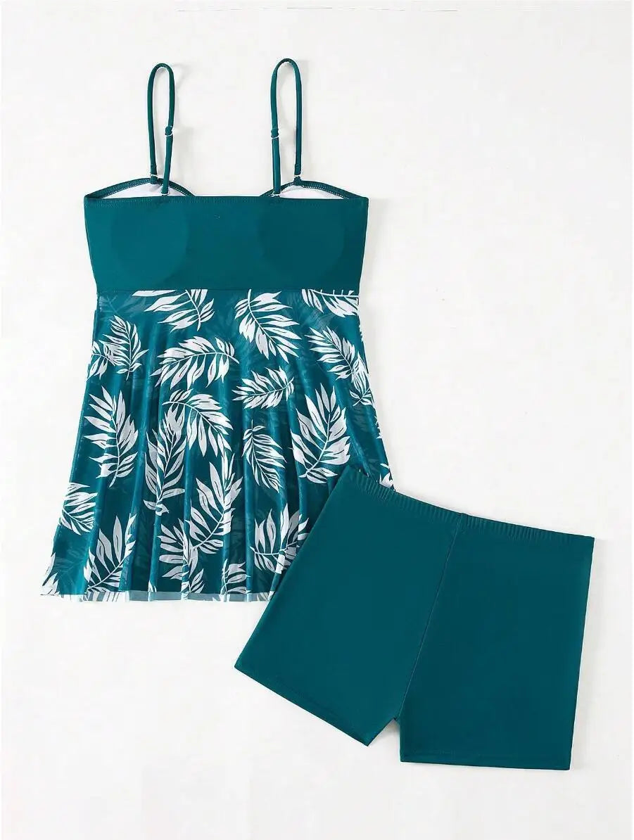Ruched Bandeau Tankini Set Mesh Skirt Swimwear