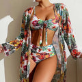 Floral High Waist Bikini Set With Mesh Cover Up Swimwear