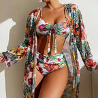 Floral High Waist Bikini Set With Mesh Cover Up Swimwear