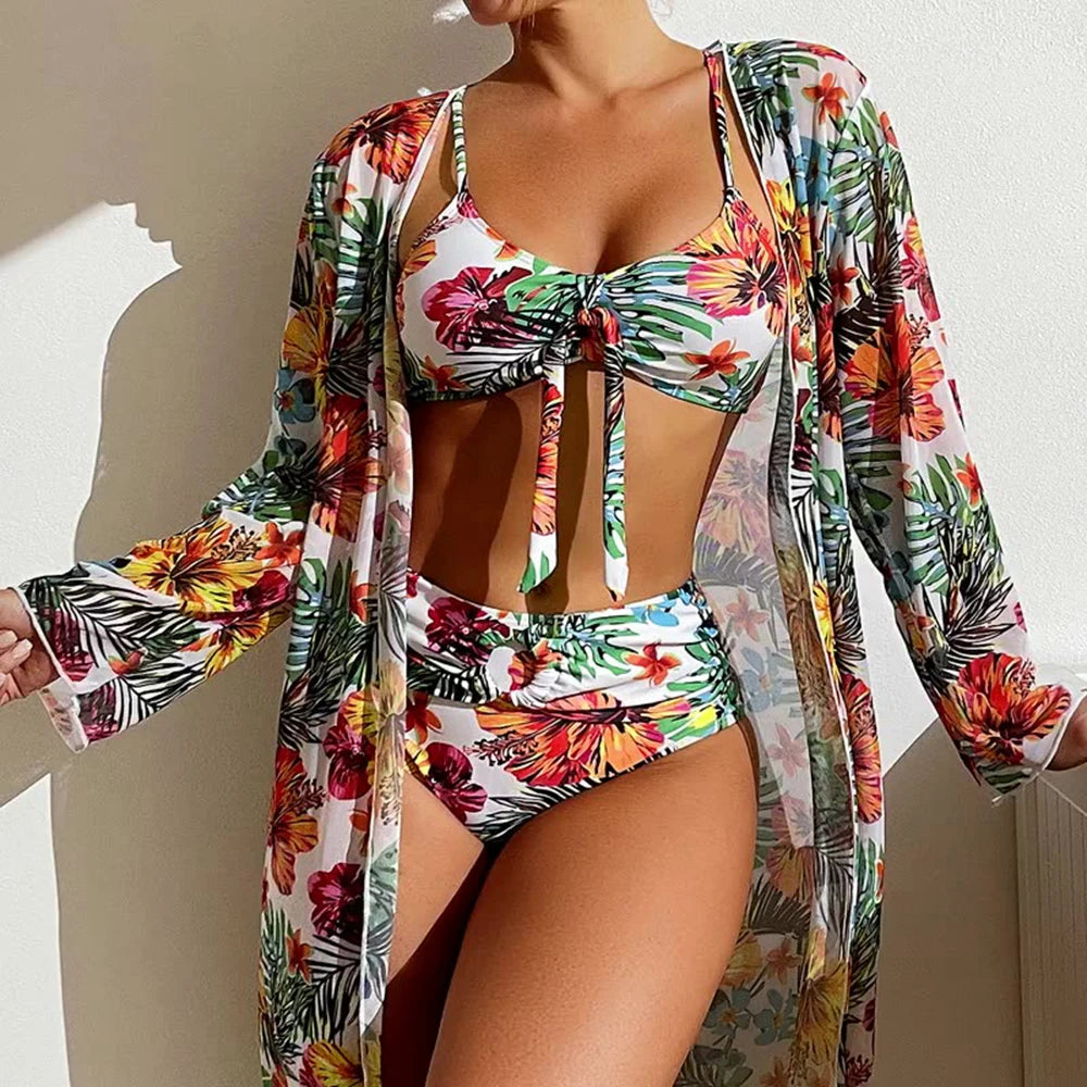 Floral High Waist Bikini Set With Mesh Cover Up Swimwear