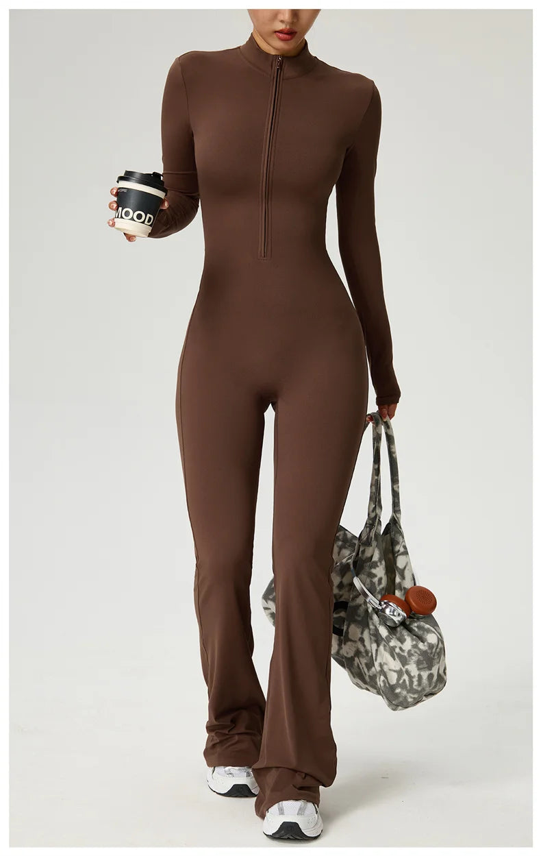 Long Sleeve Zip Front Jumpsuit Women High Neck Flare Leg Stretch Catsuit