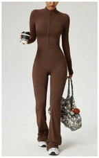 Long Sleeve Zip Front Jumpsuit Women High Neck Flare Leg Stretch Catsuit