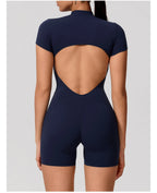 Short Sleeve Backless Yoga Jumpsuit Women Zip Front Fitness Romper