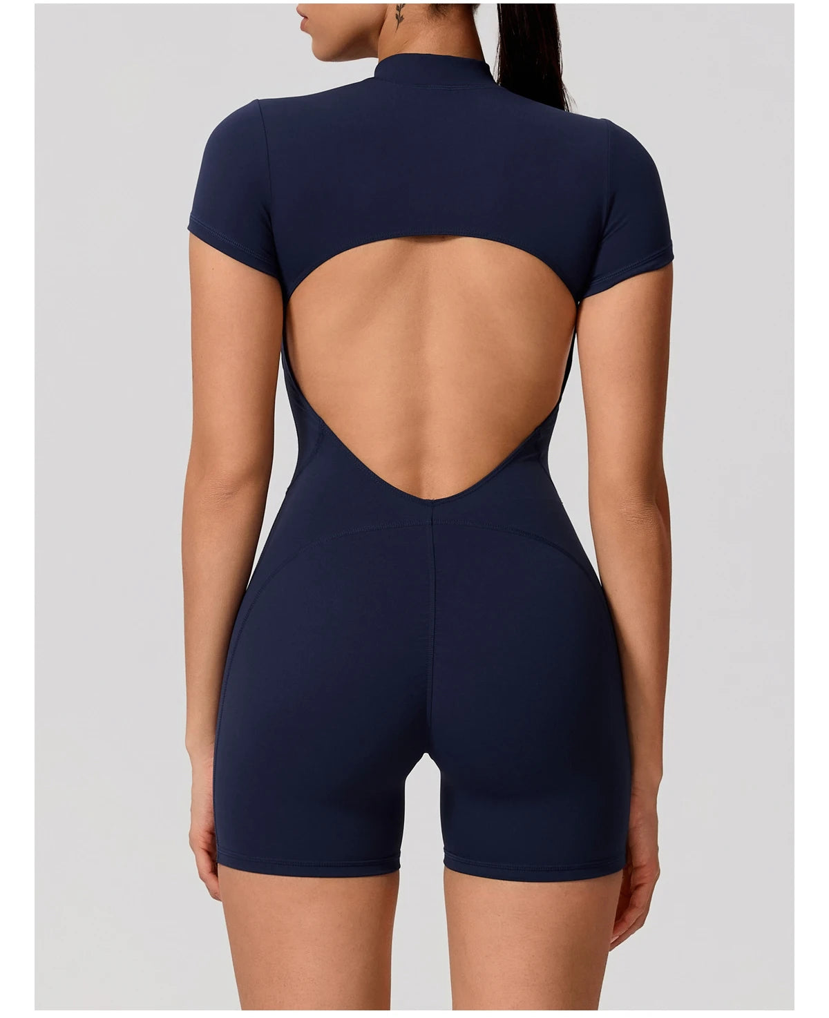 Short Sleeve Backless Yoga Jumpsuit Women Zip Front Fitness Romper