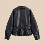 Jaqueta Trench Coat Casual em Couro PU com Cinto
