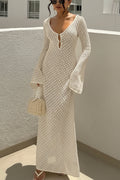 Knitted Hollow Out Long Sleeve Beach Cover Up Dress