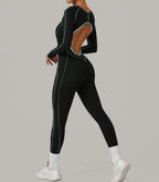 Long Sleeve Backless Jumpsuit Women Hollow Out Contrast Trim Sculpting Catsuit
