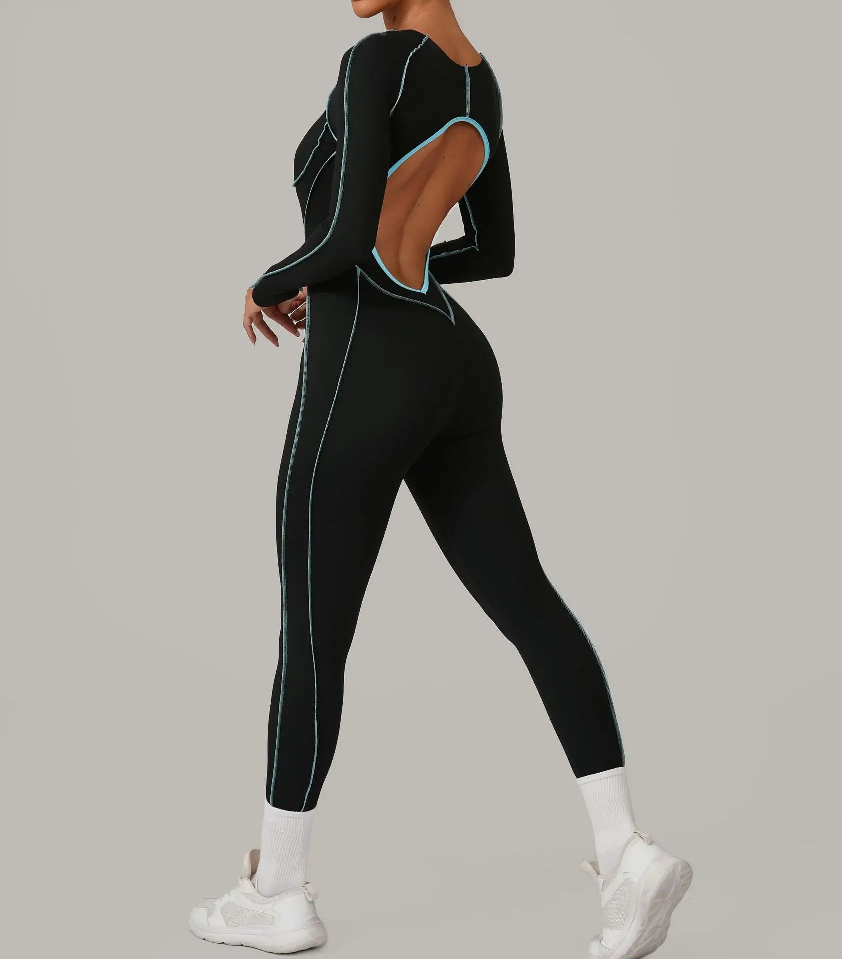 Long Sleeve Backless Jumpsuit Women Hollow Out Contrast Trim Sculpting Catsuit