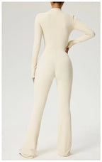 Long Sleeve Zip Front Jumpsuit Women High Neck Flare Leg Stretch Catsuit