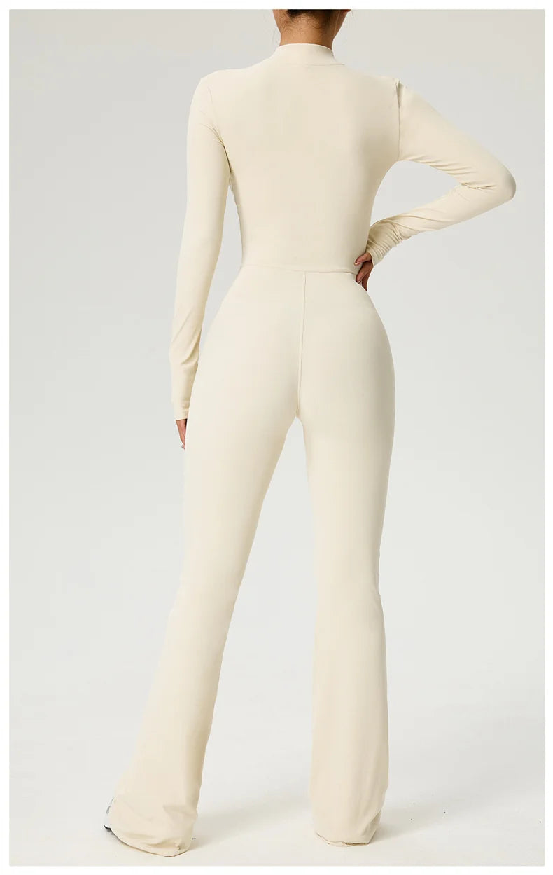 Long Sleeve Zip Front Jumpsuit Women High Neck Flare Leg Stretch Catsuit