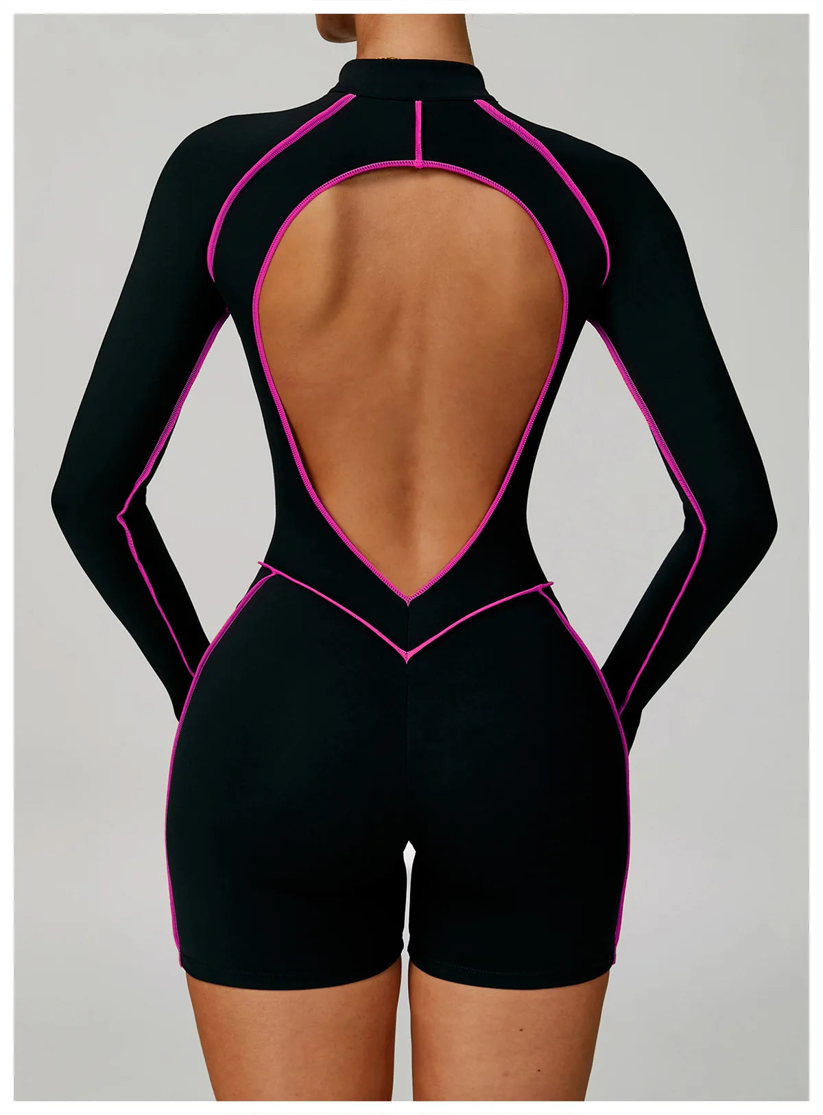 Long Sleeve Backless Shorts Jumpsuit Black Women Zip Front Contrast Trim Workout Catsuit