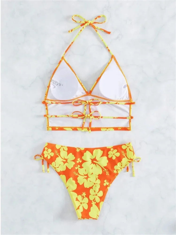Halter Floral Print High Waist Bikini Set
