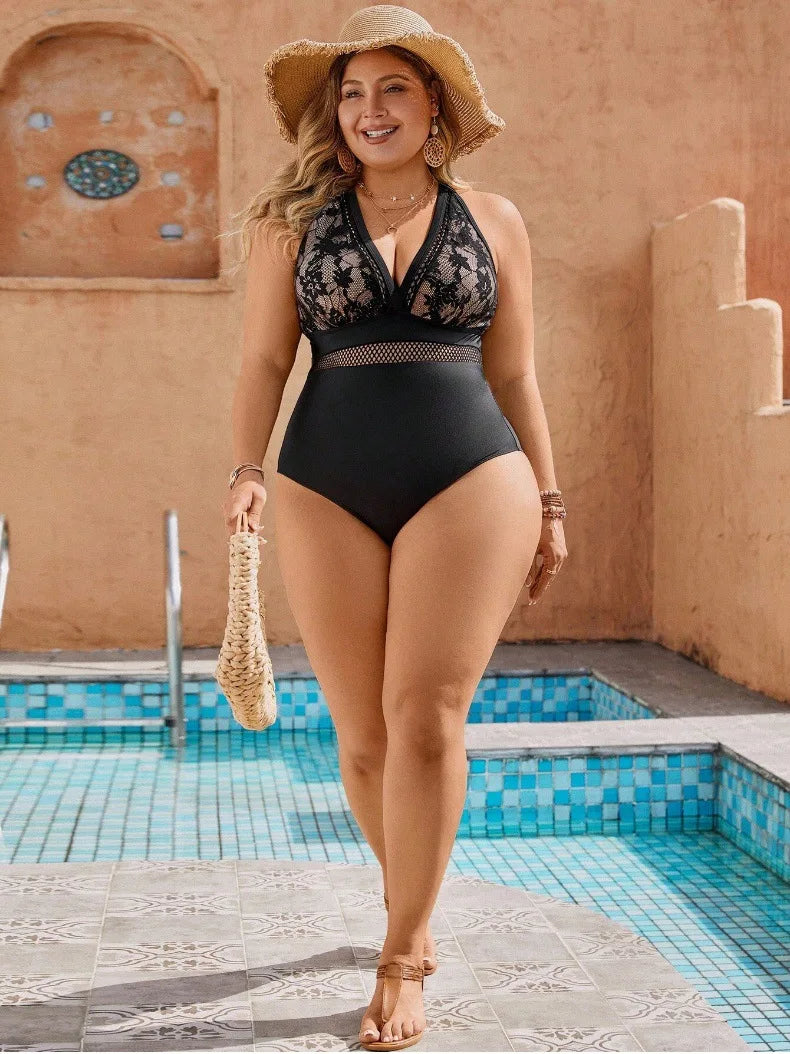 Plus Size Lace Halter One Piece Swimsuit High Cut Monokini