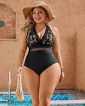 Plus Size Lace Halter One Piece Swimsuit High Cut Monokini