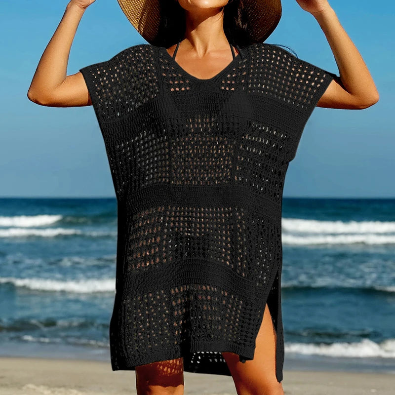 Hollow Out V Neck Knitted Beach Cover Up