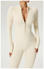 Long Sleeve Zip Front Jumpsuit Women High Neck Flare Leg Stretch Catsuit